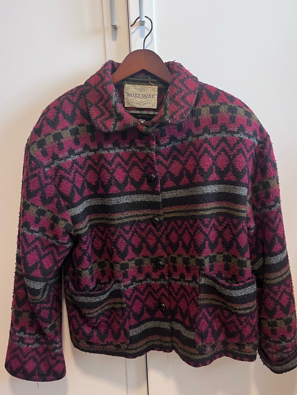 Vtg 90s Tapestry Jacket Wool Blend Geometric Aztec Southwestern Coat M Pink